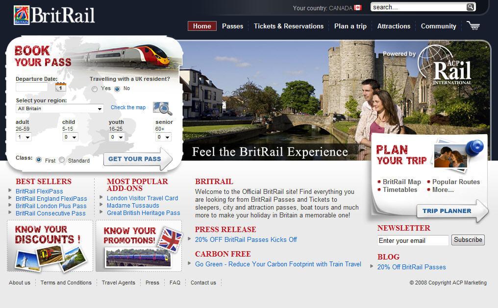 capture d'écran du site de BritRail en 2006