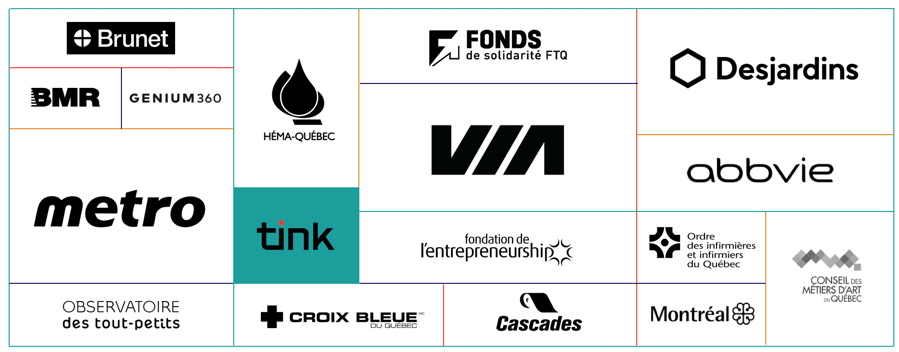 logos de quelques clients de Tink: brunet, bmr, metro, desjardins, abbvie, cascades, genium 360, croix-bleue, etc.
